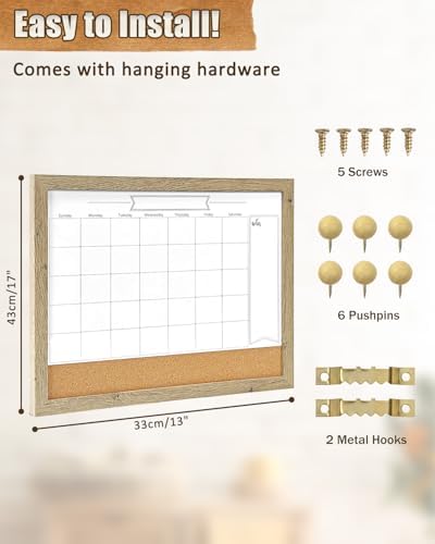 Dry Erase Calendar Whiteboard for Wall, Small Combination Magnetic Dry Erase White Board & Bulletin Board, 13" x 17" Rustic Brown Frame Calendar/Cork Combo Board(RB-3343)