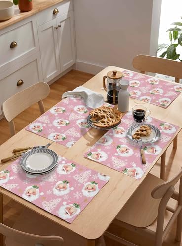 Pink Christmas Placemat 1PC, Santa Claus Merry Christmas Tree Heat Resistant Washable Table Place Mats Winter Snowflake Cotton Table Linens Party Holiday Decor for Kitchen Dining Outdoor Indoor