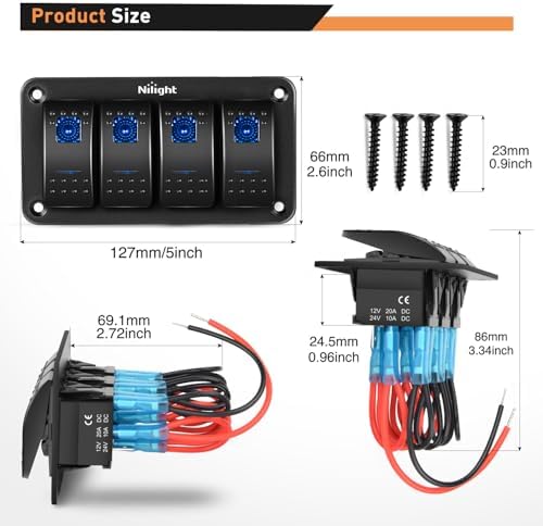 Nilight - 90109D 4 Gang Aluminum Rocker Switch Panel Toggle Dash 5 Pin ON/Off Pre-Wired Rocker Switch Blue Backlit Switch for Automotive Car Marine Boat RV,2 Years Warranty