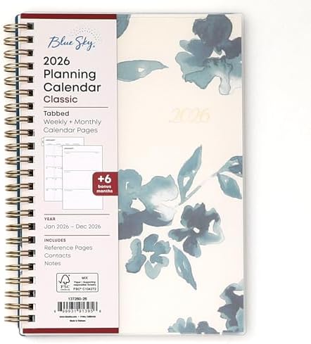 Blue Sky 2026 Weekly & Monthly Planner Calendar, 5"x8", Bakah Blue