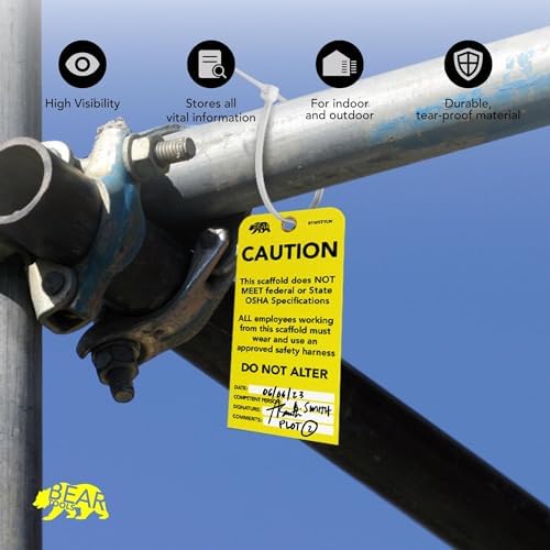 BearTOOLS Scaffold Tags Safety Inspection Kit with Cable Ties - Caution Scaffold Status Warning Sign - Laminated 3 x 6 in, Pack of 25 - Weatherproof, Tear-Resistant - Yellow Tags