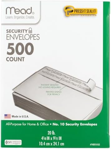 Mead #10 Security Business Envelopes Letter Size 4-1/8" x 9-1/2" – Peel and Seal, Privacy Lined, No-Window, Press-It Seal-It Self-Adhesive for Home & Office Mailing, 500 Count (740010) (Pack of 5)