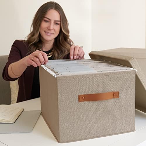 Decorative File Organizer Box Set of 2 - Collapsible Linen Filing Cabinets | Stores Documents and Hanging File Folders - Portable Office Crates with Lid and Handles for Easy Slide Access