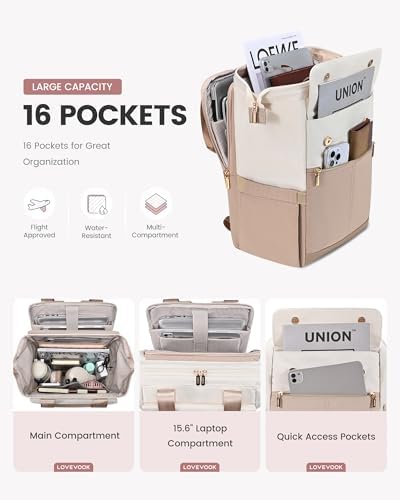 LOVEVOOK Laptop Backpack for Women with Giant Tumbler Holder, 15.6 Inch Work Laptop Bag with USB Port, Fashion Teacher Nurse Backpack Purse, Waterproof Travel Computer Backpack, 2PCS, Beige-Khaki