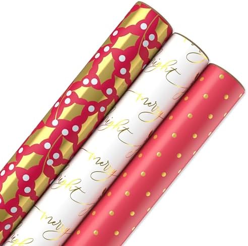 Papyrus Christmas Wrapping Paper Rolls, Greenery, Lettering and Polka Dots (3 Rolls, 22.5 sq. ft.)
