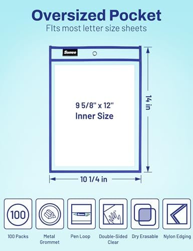 SUNEE 100 Packs Oversized Reusable Dry Erase Pocket Sleeves with 5 Rings, 10 Assorted Colors 10x14 Ticket Holders, Clear Plastic Sheet Protectors, Teacher School Classroom Supplies