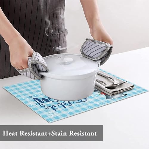 Snowman Christmas Placemat 1PC, Let It Snow Winter Holiday Heat Resistant Washable Table Place Mats Blue White Buffalo Plaid Cotton Table Linens Party Holiday Decor for Kitchen Dining Outdoor Indoor