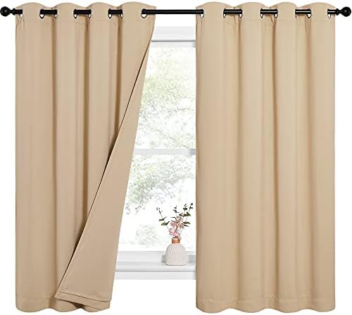 NICETOWN Bedroom Full Blackout Curtain Panels, Super Thick Insulated Window Covers, Complete Blackout Draperies with Noise Absorb Liner for Short Window(Biscotti Beige, Set of 2, 52 by 63-inch)