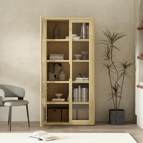 Manhattan Comfort Rivington 79" Tall Modern 5 Shelf Bookcase with Soft Close Glass Doors, Handle-Free, Adjustable Shelves, Display Storage Cabinet for Living Room, Bedroom, or Office in Natural Oak