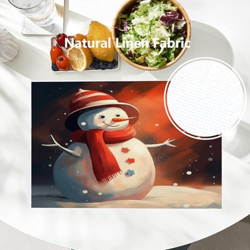 Batmerry Christmas Winter Snowman Linen Placemats Set of 4, Red Scarf Hat Snowflake Washable Table Mats for Kitchen Table Thickened Heat Insulation Dining Set Indoor Outdoor 12X18 in