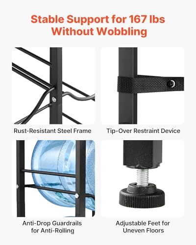 VEVOR 5 Gallon Water Jug Holder, 4-Tier Double Rows 3 or 5 Gallon Water Bottle Holder for 4 Bottles, Heavy Duty Jug Rack Organizer with Storage Shelf, Drawer, Handle for Kitchen, Office, Black+Brown