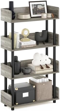Furinno Turn-N-Tube 4-Tier Grey Storage Shelves with Side Panels, Book Shelf, Display Shelf, for Organization and Storage, Living Room, Home Office, Grey Oak