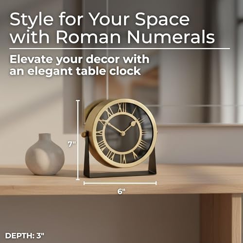 Metal Table Clock for Living Room Decor - Desk Clock for Office Desk, Study Room, Living Room, Mantel or Table Styling - Small Home Decor for Shelf or Tabletop Display - 7", Gold & Black