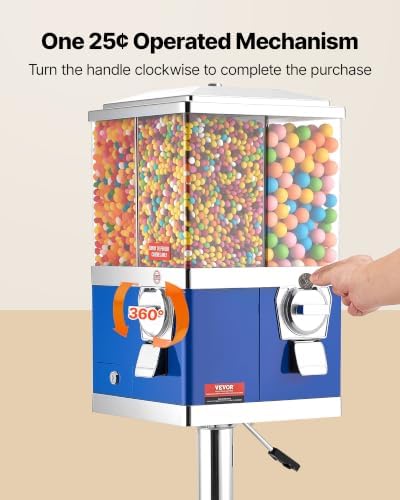 VEVOR Commercial Vending Machine, Four Compartment Rotatable Gumball and Candy Dispenser, Adjustable Height Coin Operated Candy Bank with Iron Stand, for Business Toy Capsules Bouncy Balls Nut, Blue