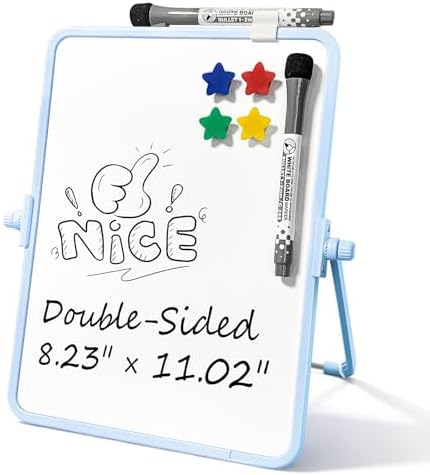 Colorful Dry Erase White Board 8.3x11in, Magnetic Desktop Board with Stand, 2 Markers (Eraser Head), 4 Magnets - Double-Sided Easel for Daily Planning, Memo, Office/Home/School (Blue)
