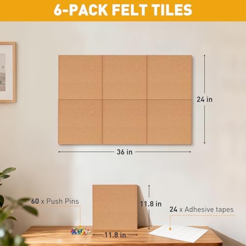 Cork Board for Wall, 36"x24", 6-Pack Cork Tiles