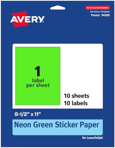 Avery Printable Sticker Paper, 8-1/2" x 11", Full-Sheet Labels, Neon Green Labels, Laser/Inkjet Printable, 10 Total, Great for Packaging and Stickers