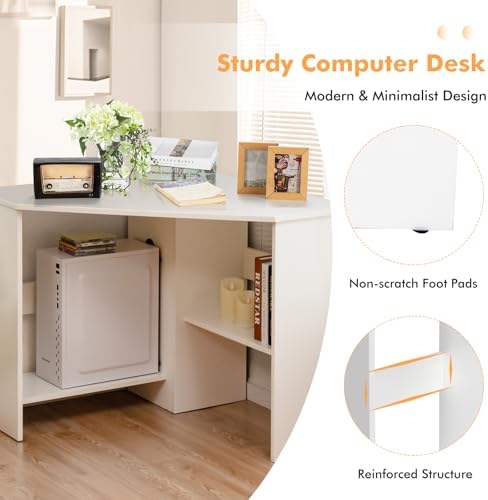 COSTWAY Corner Computer Desk, Space-Saving Triangular Writing Desk w/ 2 Storage Shelves & 2 Cable Holes, Multi-Functional Console Table for Small Space in Home Office, Living Room, Bedroom (White)
