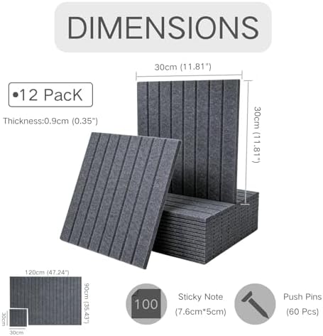 Felt Bulletin Board 48"x36" Large - Cork Board Alternative, 12-Pack Felt Wall Tiles with 70 Adhesive Tabs & 35 Pushpins, Pin Board for Home Office Decor, Gray