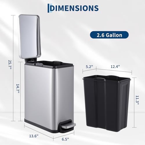 PrecisionAuto Slim Bathroom Trash Can with Soft Close Lid, 10 Liter / 2.6 Gallon Stainless Steel Step Garbage Can with Removable Inner Bucket, Narrow Trash Bin for Toilet Bedroom Kitchen, Silver