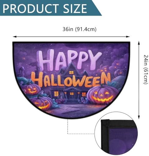 Halloween Castle Pumpkin Half Round Door Mat, Non-Slip Welcome Indoor Entrance Way Rug Semi Circle Front Doormats Washable Bathroom Kitchen Floor Mat, Outdoor Rugs for Garage, Patio, Hearth Rug