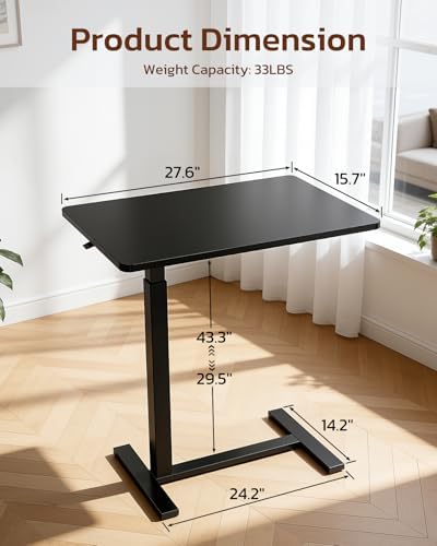 Overbed Bedside Table with Hidden Casters, Adjustable Pneumatic Mobile Laptop Computer Standing Desk, Rolling Laptop Table, Movable Overbed Table Hospital Home Use, Black