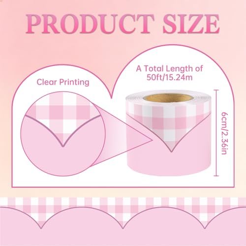 50ft Checkered Bulletin Board Borders, Checkerboard Straight Trim Border with Scalloped Edge Print, Classroom Decor for Chalkboard Whiteboard Back to School Supplies, Pink and White