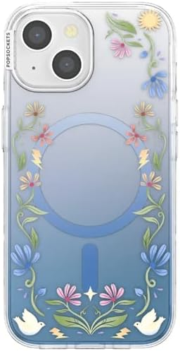PopSockets iPhone 15 Phone Case with MagSafe, Wireless Charging Compatible, Disney - Boho Wildflowers Blue