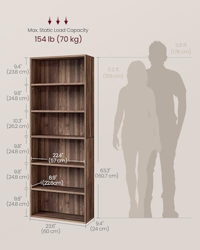VASAGLE 6-Tier Bookshelf, Storage Organizer, 23.6 x 9.4 x 63.2 Inches