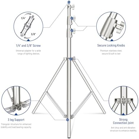 NEEWER 2Pcs 9.2ft Stainless Steel Light Stands, Spring Cushioned Heavy Duty Photography Tripod Stand with 1/4"-3/8" Adapter for Strobe Video Ring Light Monolight Softbox, 22lb Max Load, ST-280SS