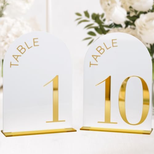 White Arch Wedding Table Numbers 1-10, Gold Numbers and Stands