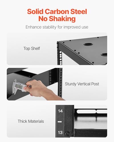 VEVOR 16U Open Frame Server Rack & Network Rack, Wall Mounted or Floor Standing, Heavy Duty 4 Post, with 2PCS Vented 1U Shelves & Mounting Hardware, Holds All 19'' Networking IT Equipment AV Gear