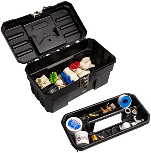 Akro-Mils 14" Plastic Toolbox with Removable Tray,Steel Latch & Padlock Eye,Industrial-Grade Tool Box for Tools,Crafts,First Aid & Hobby Supplies, 14"x8"x8",Made in USA, Black (09514) (Pack of 6)
