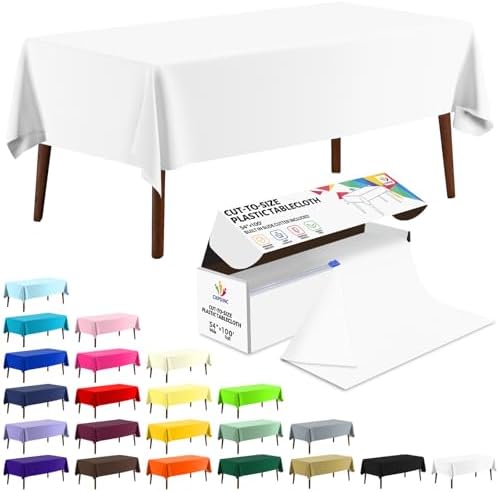 CXPSINC 54 Inch X 100 Feet Plastic Table Cover Roll Disposable Tablecloth with Slide Cutter for All Type/Shape Tables | Party, Banquet, Birthdays, Weddings(White, 100 Feet)
