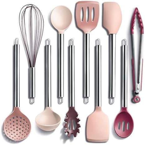 COOK WITH COLOR Silicone Cooking Utensils, Kitchen Utensil Set, Easy to Clean Silicone Kitchen Utensils, Cooking Utensils for Nonstick Cookware, Kitchen Gadgets Set, 10 Pieces, Rose