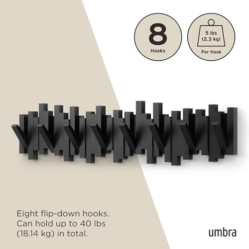 Umbra Sticks Wall Coat Rack, Wall Mount 8 Retractable Hooks, Black