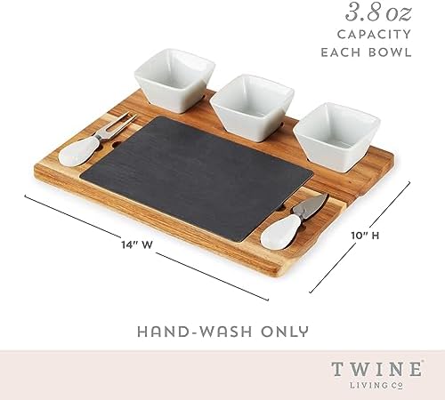 Twine Acacia & Slate Cheese Board Set - Charcuterie Board Bowls and Knives - Slate Cheese Tray Wood Cheese Board - 7-Piece Set of 1, Brown