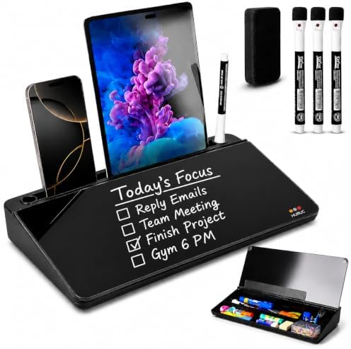HURUC Desk Buddy Glass Desktop Whiteboard – Desk Board Buddy Hidden Storage