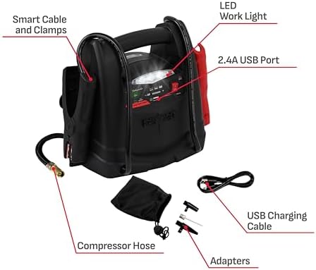 Schumacher Electric 1200A Lithium Car Battery Jump Starter and Power Station, 4-in-1 Solution, 150-PSI Air Compressor, 2.4A USB Charging, for 12V Power Sport, Automotive, and Marine Batteries, SL1562