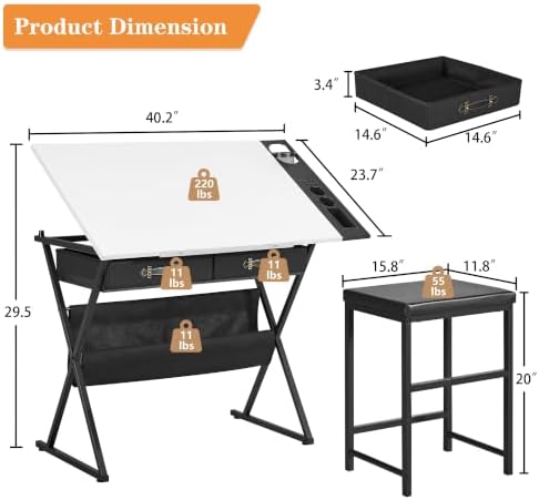 VECELO Drafting Table Art Desk Art Table Adjustable Drawing Table Tilted Tabletop with 2 Storage Drawers and Stool, Drawing Desk for Artist Painters Drawing, Crafting, Reading, Writing, White