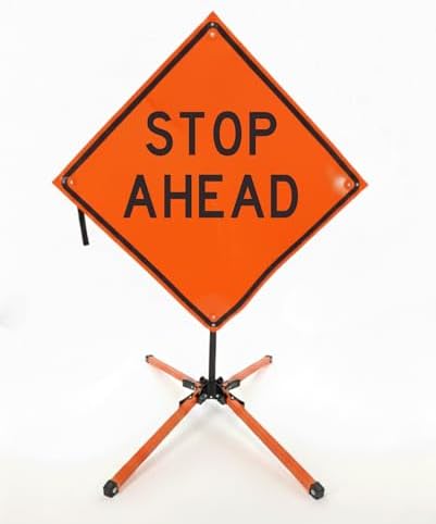 Traffic Roll-Up Sign Kit with Stand – Collapsible Safety Sign & Heavy-Duty Portable Stand, High Visibility, Easy Setup (Stop Ahead, Non-reflective)
