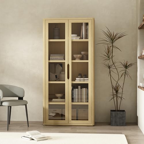 Manhattan Comfort Rivington 79" Tall Modern 5 Shelf Bookcase with Soft Close Glass Doors, Handle-Free, Adjustable Shelves, Display Storage Cabinet for Living Room, Bedroom, or Office in Natural Oak