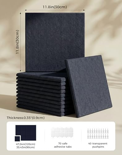 Aothia Felt Bulletin Board Tiles, 12-Pack 48"x36" Large Pin Board for Wall, Modern Cork Board Alternative for Notes, Photos, Memo & Office Organization, 70 Adhesive Tabs & 40 Push Pins - Carbon Blue