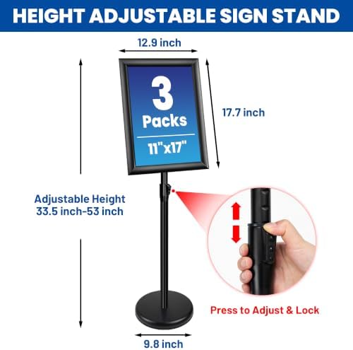 3 Pack 11x17 Inch Sign Holder Stand, Adjustable Pedestal Sign Stand, Heavy Duty Floor Standing Sign Holder, Aluminum Snap Open Frame Poster Stand, Vertical & Horizontal Display (Black)