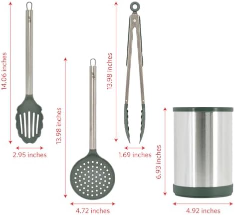 Glad Kitchen Utensils Set, 8pcs - Nonstick Cooking Tools with Stainless Steel Handles & Rotating Utensil Holder - Turners, Ladle, Spoon, Tongs, Spaghetti Server, and Skimmer - Dishwasher Safe, Green
