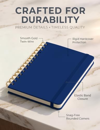 5 Pack Hardcover Spiral Notebooks, 8.3" x 6.3" Lined Journal Set, 100 GSM Bleed-Resistant Paper, 200 Pages Twin-Wire Bound Notebook with Elastic Band & Category Stickers for Office, School