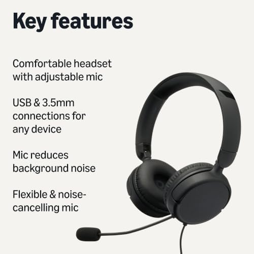 Amazon Basics On Ear Wired Computer Headset with Adjustable Microphone, 3.5mm Port or in-Line Control with USB-A Port, Foldable, Clear Sound, Small/Medium Size, Black