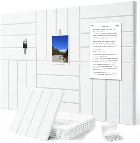 0.47" Thick Felt Wall Tiles 36"x24" Cork Board Alternative 6 Pack 11.81"x11.81"Felt Bulletin Board Pin Board with Removable Adhesive Tape&30 Pushpins for Home Office School(Bold-White)
