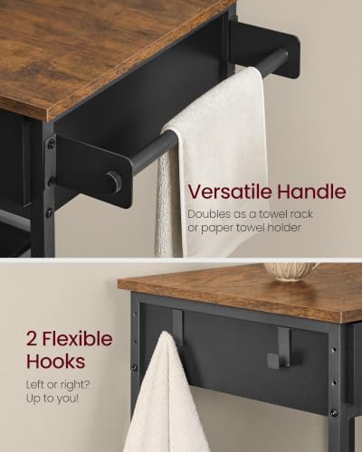 VASAGLE Kitchen Island Cart with Storage, 2 Drawers, Towel Rack | Rolling Kitchen Cart, Microcave Cart, for Kitchen, 38.8" Width, Rustic Brown and Ink Black, BARNET Collection UKKI010KD01