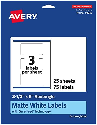 Avery® Matte White Rectangle Labels, Sure Feed® Technology, 2.5" x 5", 75 Matte White Printable Labels